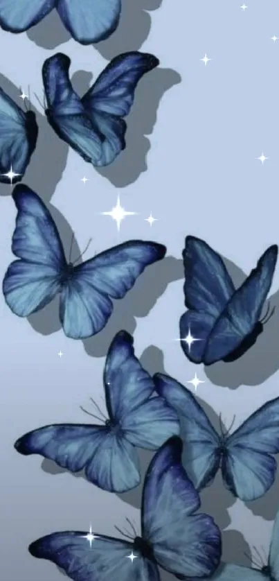 Blue butterflies wallpaper with gentle shadows on a light blue background.