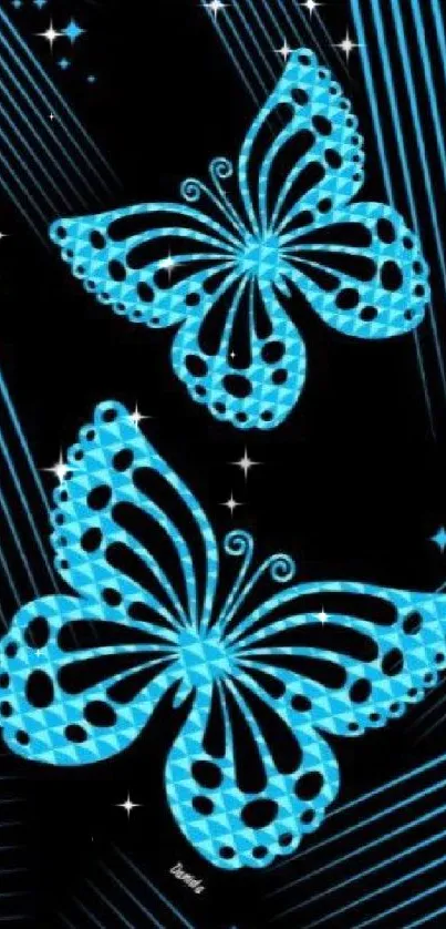 Neon blue butterflies on a black background with geometric lines.