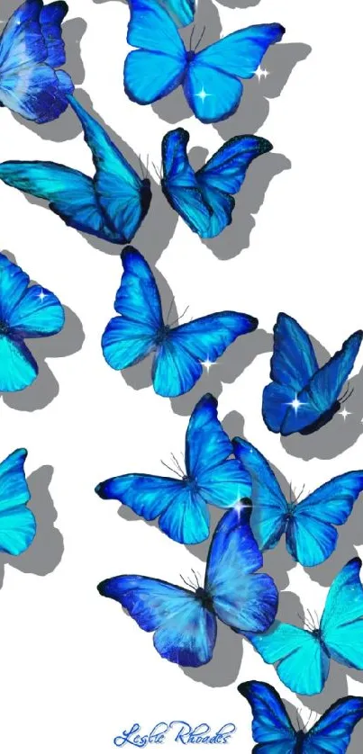 Vibrant blue butterflies on a white background mobile wallpaper.