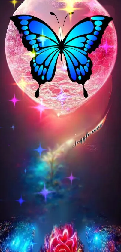 Blue butterfly with a moonlit backdrop, vibrant mobile wallpaper.