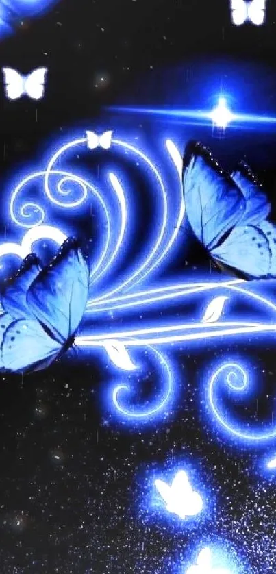 Electric blue neon butterflies on dark background.