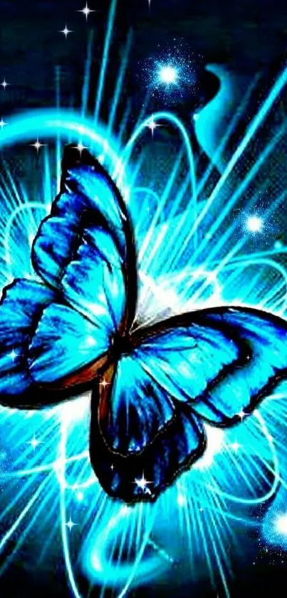 Neon blue butterfly with glowing light effect.