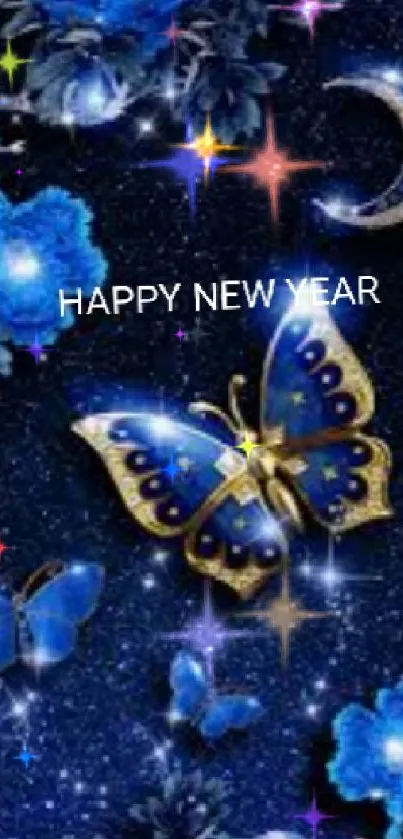 Blue butterfly night sky wallpaper with Happy New Year text.