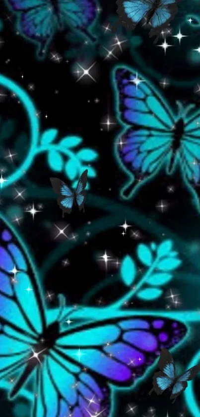 Blue butterflies glowing on a dark, starry background for mobile wallpaper.