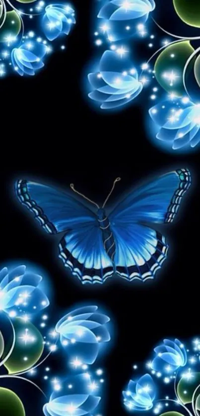 Blue butterfly and glowing flowers on a dark background.