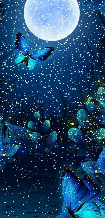 Mystical blue butterfly wallpaper with moonlit night sky.