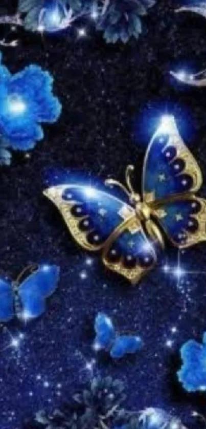 Blue butterfly on starry night sky with glowing stars and flowers.