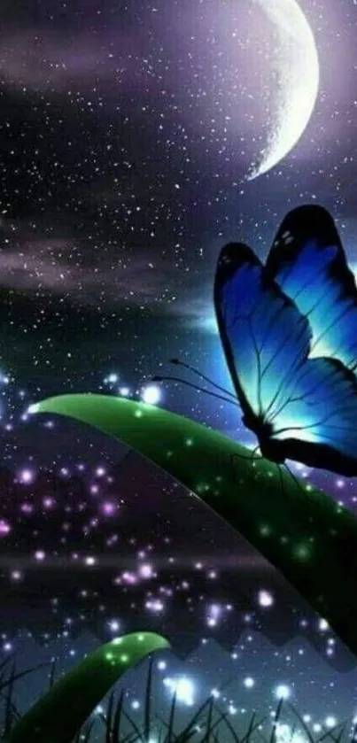 Blue butterfly on leaf under a starry night sky with crescent moon.