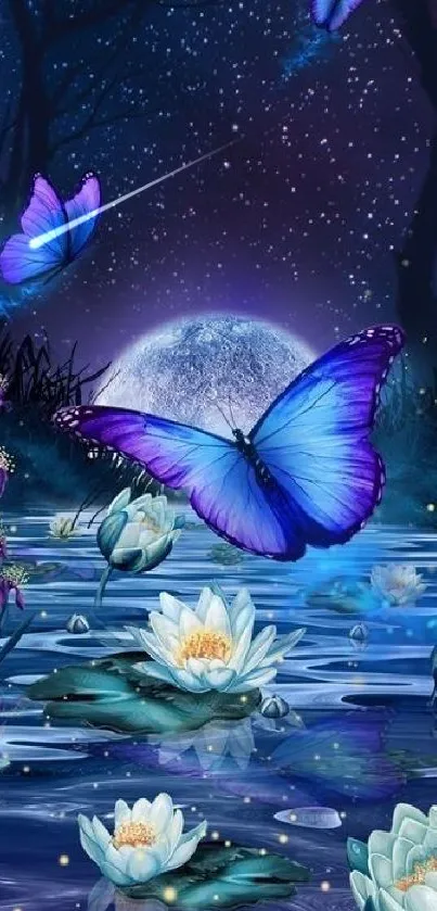 Blue butterflies and water lilies under starry night sky.