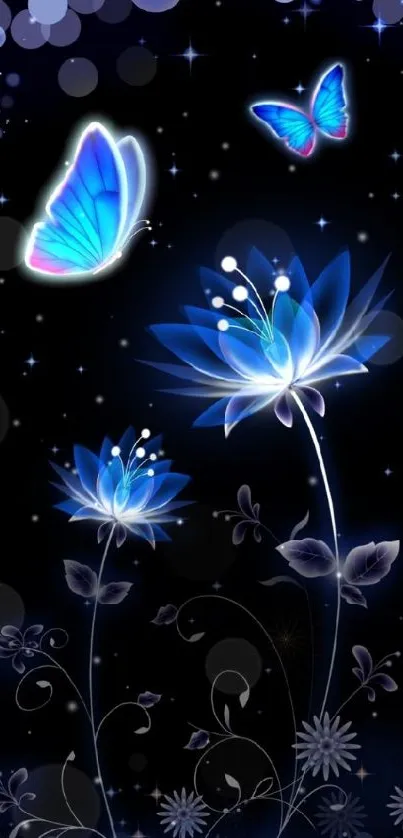 Glowing blue butterflies and flowers on a dark starry background.