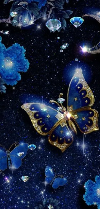 Blue butterfly on a starry night with moon and flowers.