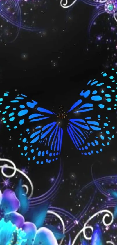 Enchanting blue butterfly on a dark, cosmic floral background.