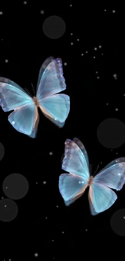 Two blue butterflies on black background mobile wallpaper.