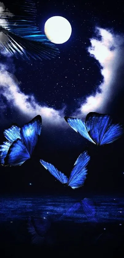 Blue butterflies flutter under a moonlit night sky.