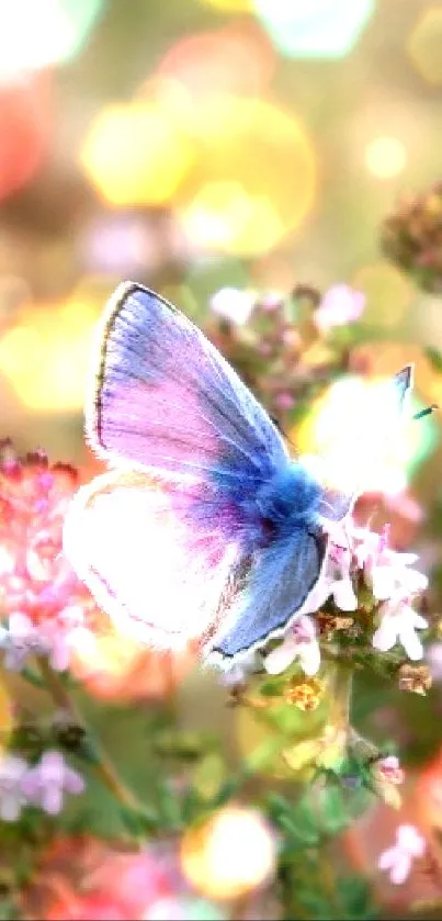 Blue butterfly resting on delicate flowers.