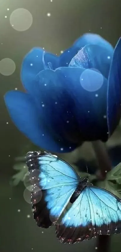 Blue butterfly perched gracefully on a vibrant blue flower.