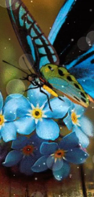 Blue butterfly resting on blue flowers with a wooden background.