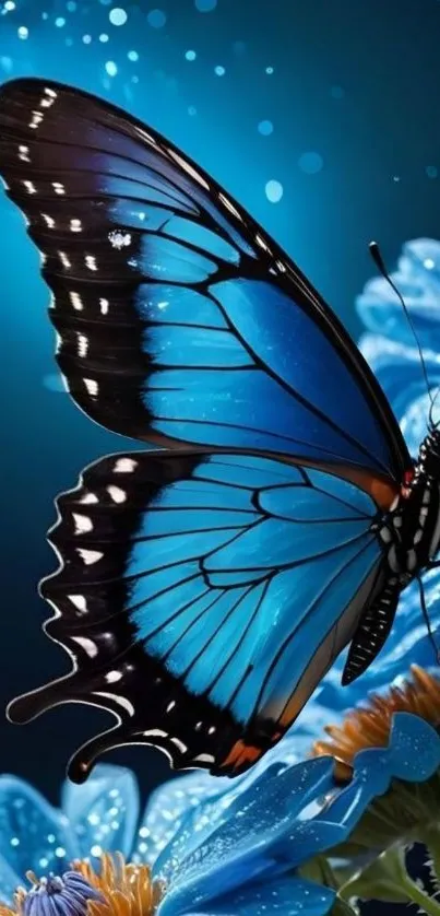 Blue butterfly resting on vibrant flowers.