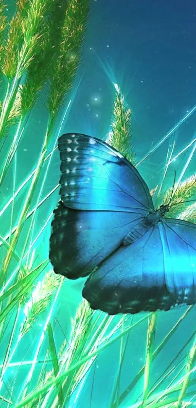 Blue butterfly rests on vibrant green grass in a serene nature scene.