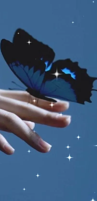 A delicate blue butterfly gently rests on a person's hand, set against a soft blue background.