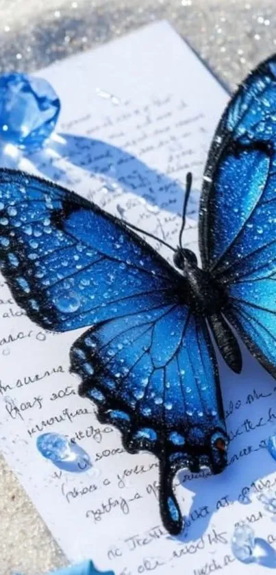 Blue butterfly with raindrops on letter and petals.