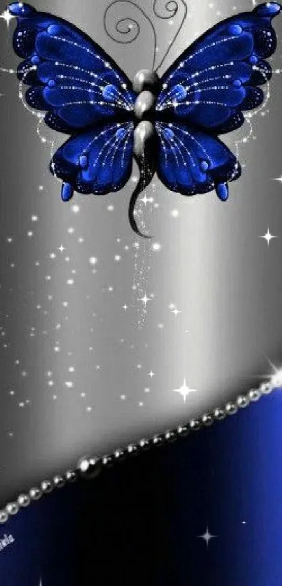 Vibrant blue butterfly on a silver shimmering background for phone wallpaper.