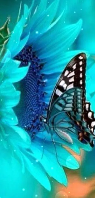 Blue butterfly on a sunflower with vibrant turquoise hues.