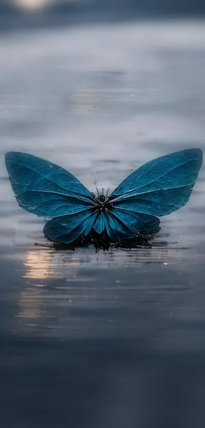 Blue butterfly resting on water with a serene background.