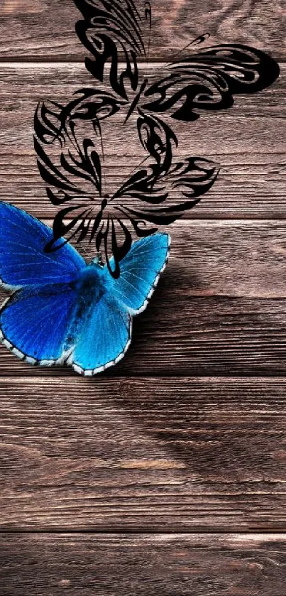 Blue butterfly on rustic wooden background, artistic mobile wallpaper.