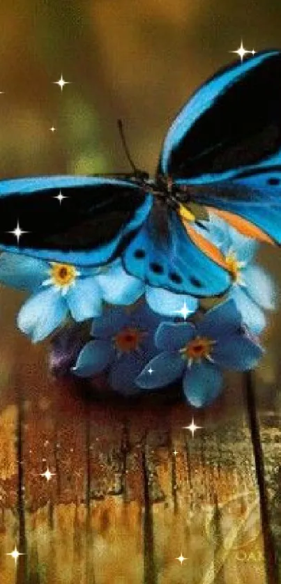 Blue butterfly perched on flowers with a wooden backdrop.