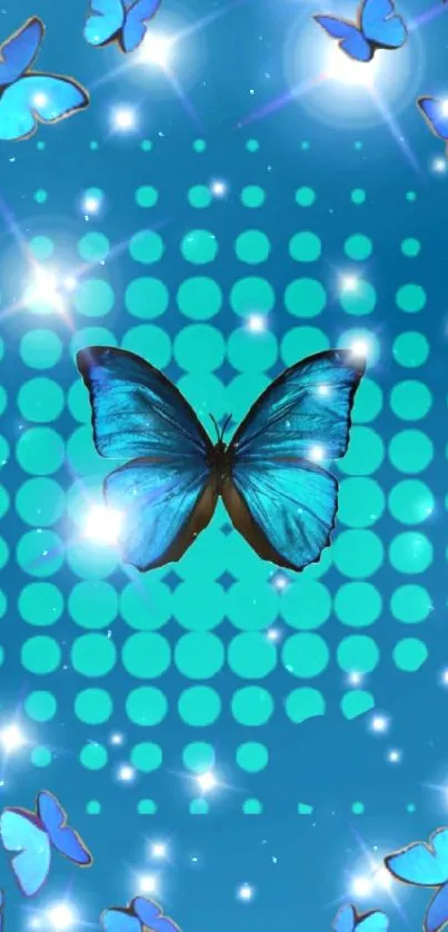 Blue butterflies on a dotted teal background wallpaper.