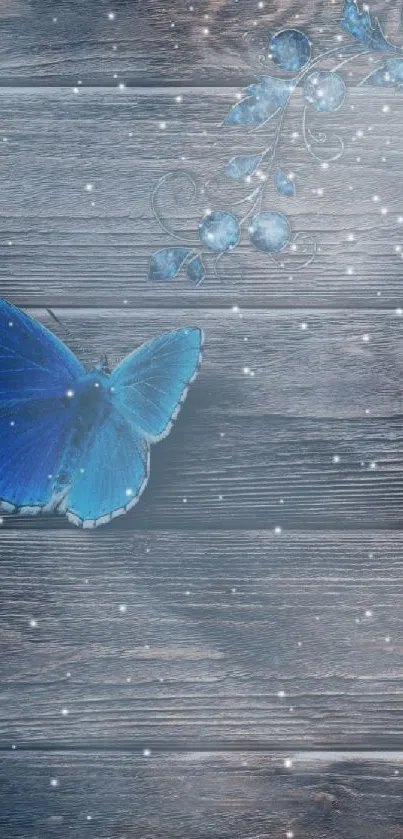 Blue butterfly with wooden background wallpaper for phones.