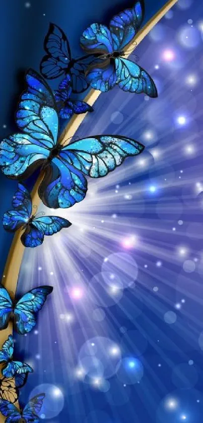 Blue butterflies and glowing bokeh lights create a captivating mobile wallpaper.