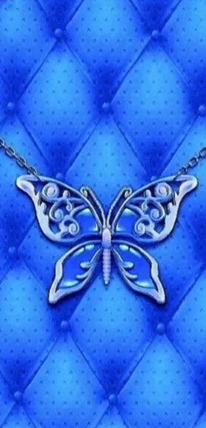 Elegant blue butterfly design with a textured, diamond-patterned background.