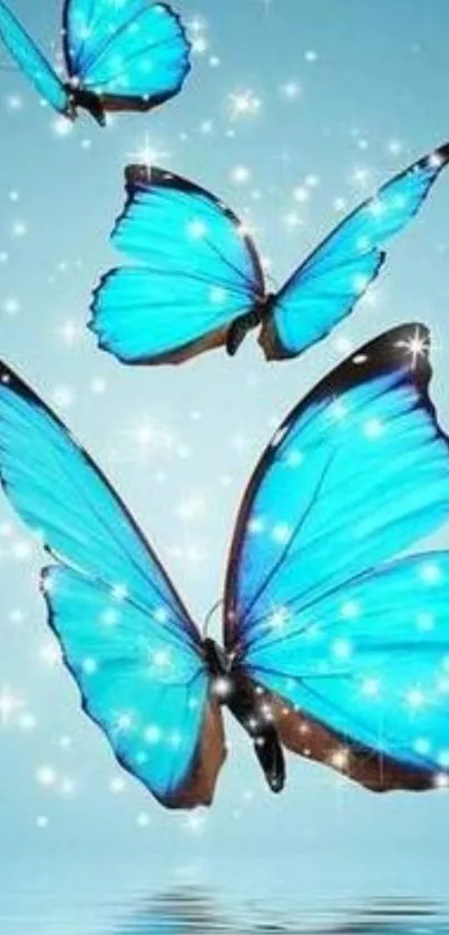 Three vibrant blue butterflies with sparkling accents on a sky blue background.