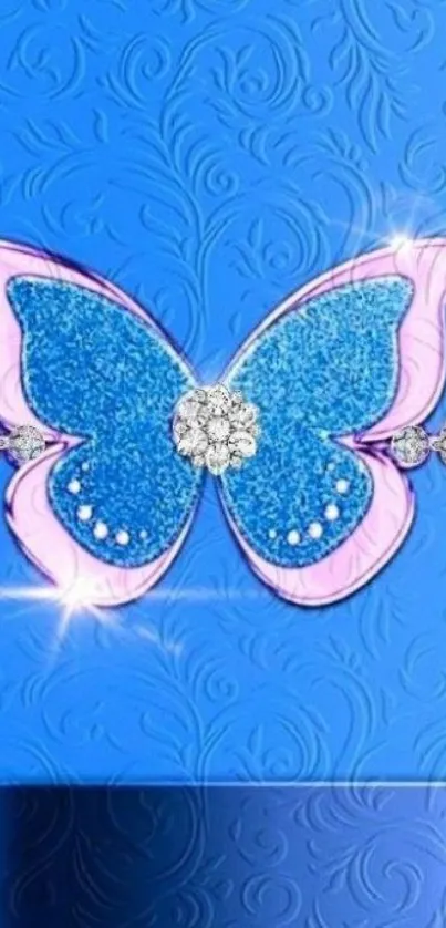 Blue butterfly wallpaper with glitter and jewels on mobile.