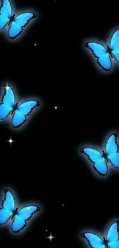 Vibrant blue butterflies mobile wallpaper on a dark background.