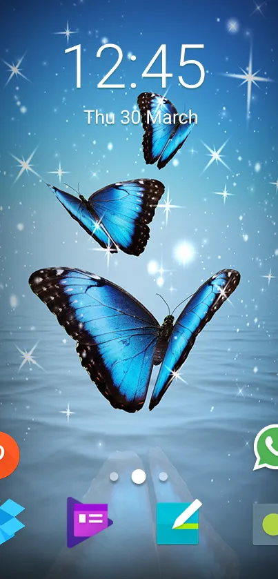 Blue butterflies sparkle over ocean on phone wallpaper.