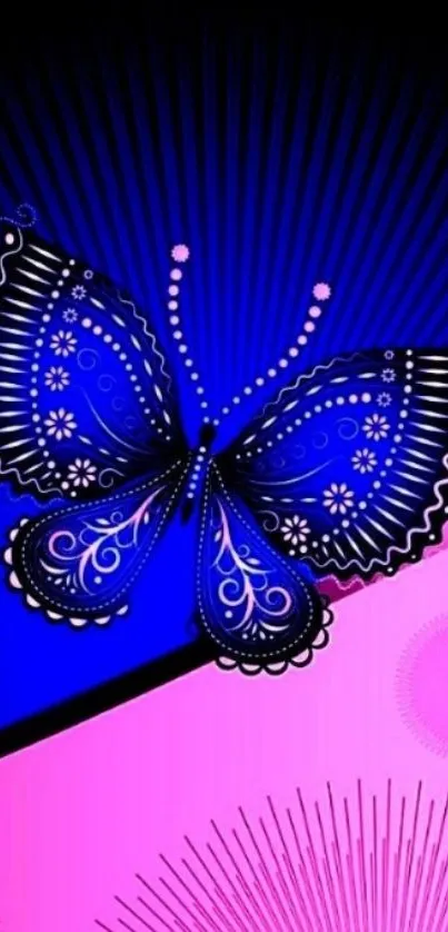 Artistic blue butterfly on pink background mobile wallpaper.