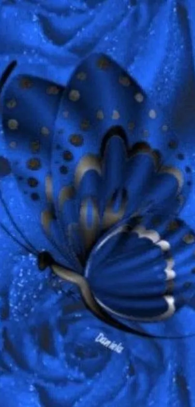 Blue butterfly resting on dewy blue roses, creating an elegant wallpaper.