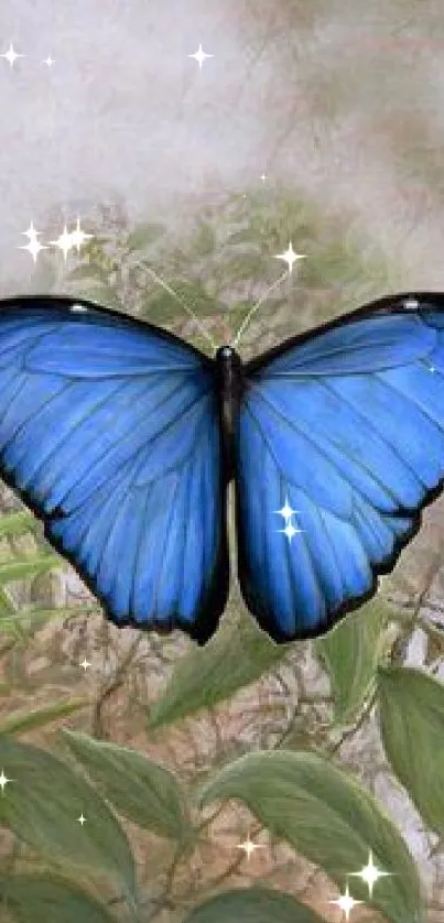 Blue butterfly in a serene nature setting wallpaper.