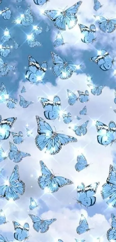 Blue butterflies gracefully flying in a cloudy sky wallpaper.