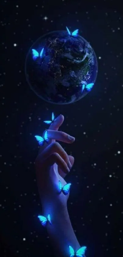 Hand with glowing blue butterflies under a starry sky.