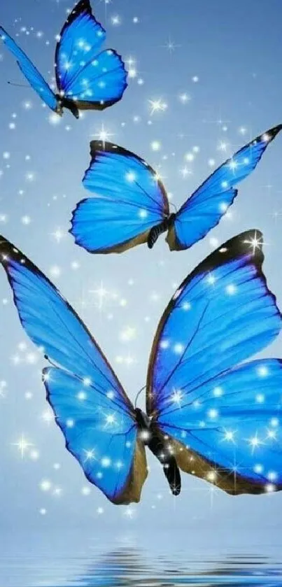 Blue butterflies with sparkles create an elegant mobile wallpaper.