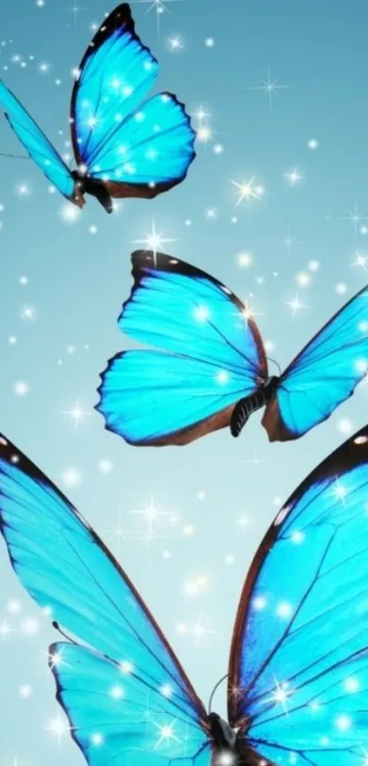 Blue butterflies with sparkling stars on a vibrant sky blue background.
