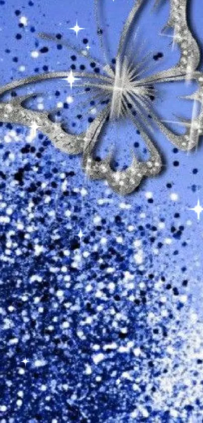 Blue butterfly sparkle wallpaper with silver glitter design.