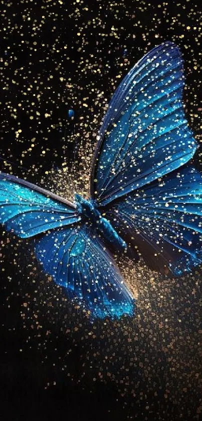 Vibrant blue butterfly with sparkles on a dark background.