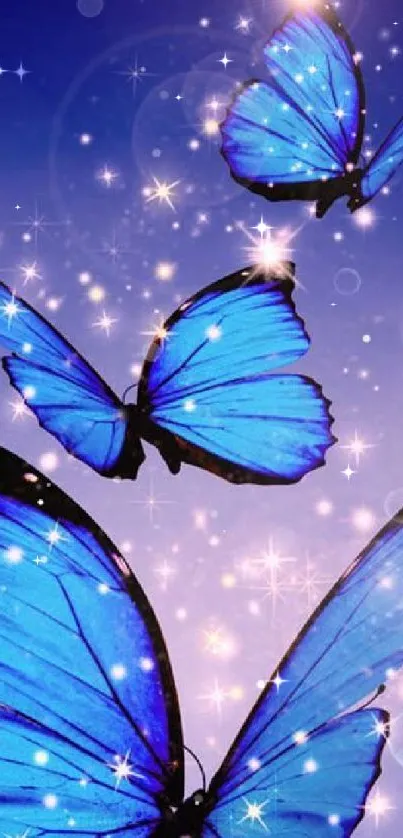 Bright blue butterflies with sparkling stars on a purple background.