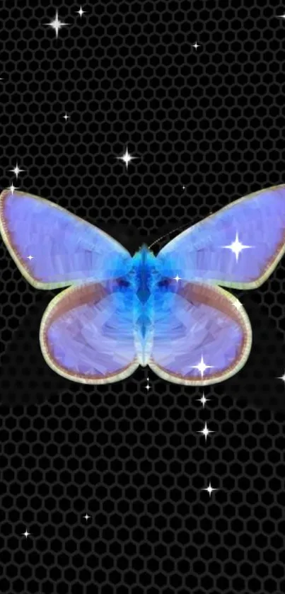 Blue butterfly with stars on a dark honeycomb pattern.