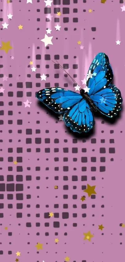 Blue butterfly on pink background with golden stars.